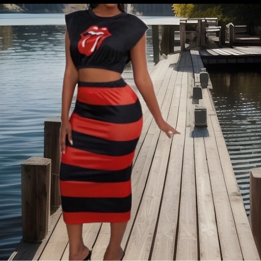 👄👅 Rolling Stones Lips Mouth Crop Top & Long Red & Black Striped 2pc Skirt Set